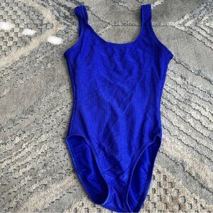 Vtg Catalina Swimsuit Sz 8 Navy Blue Ribbed One Piece Low Back High Cut 80s 90s